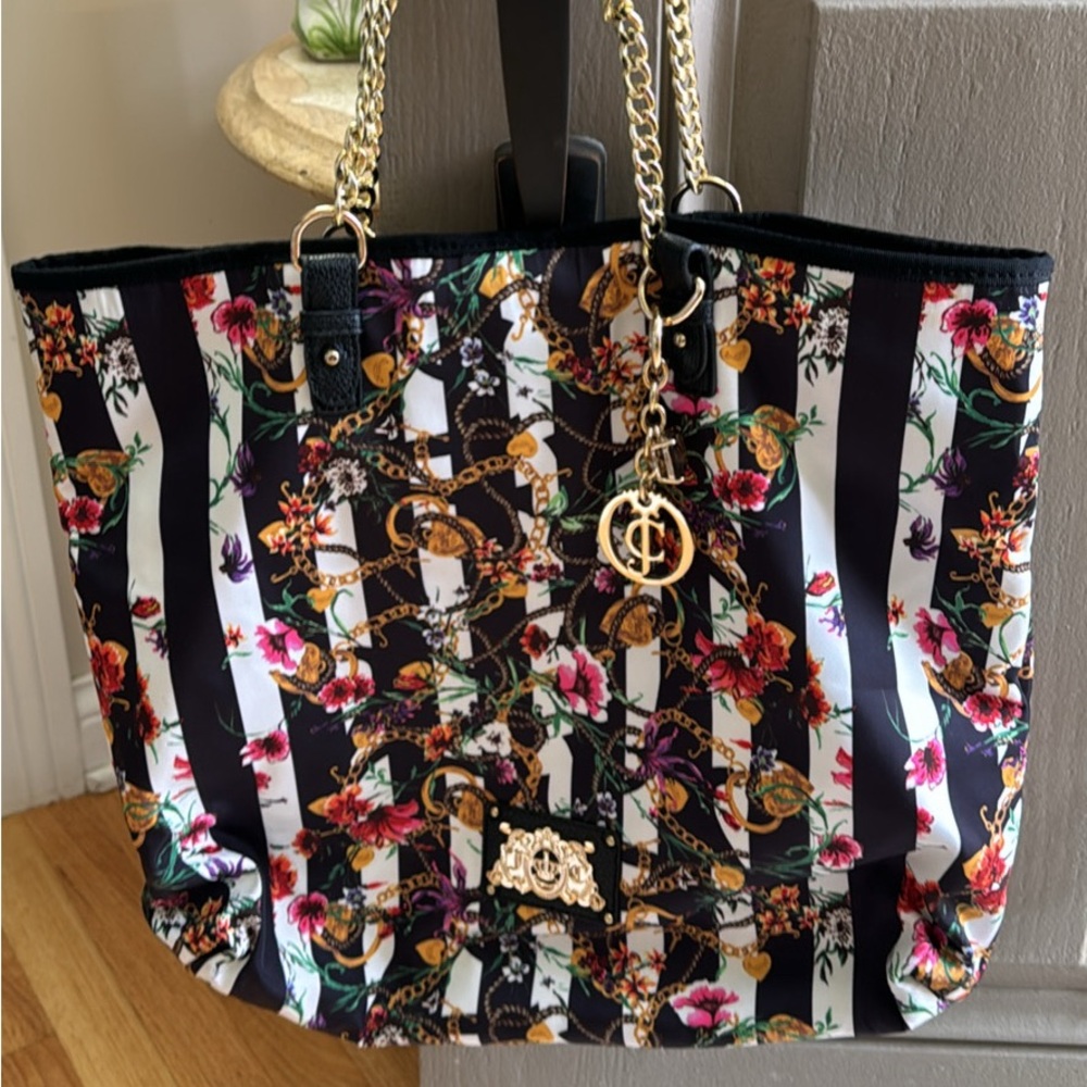 Authentic Juicy Couture Black Multi Floral Nylon Weekend Warrior Tote Bag